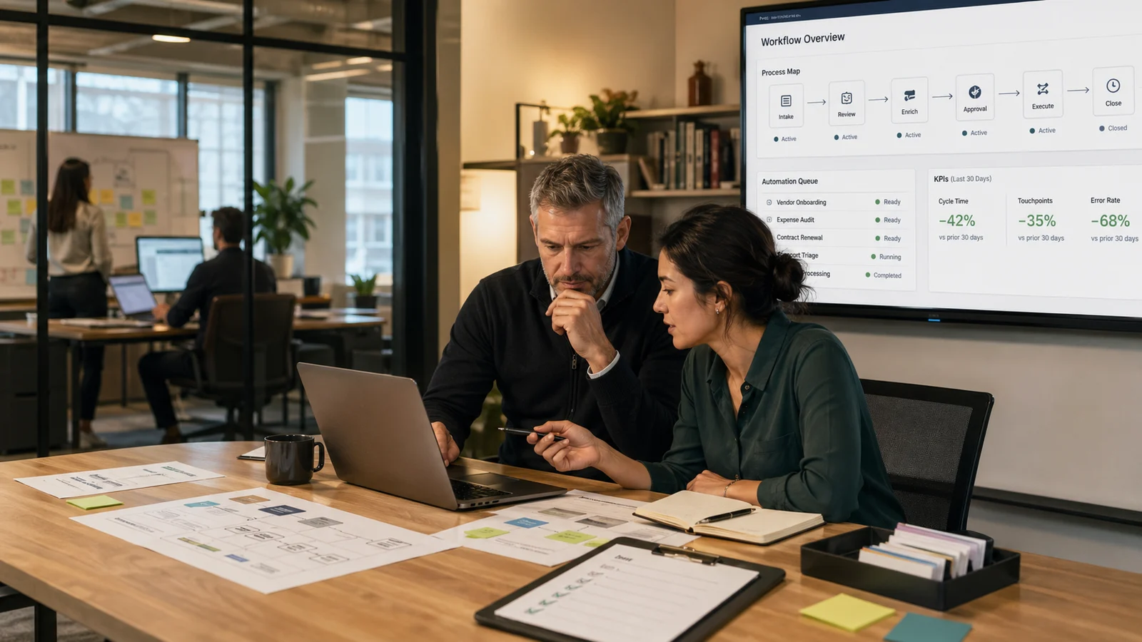 Executive and AI operator reviewing an AI-enabled workflow dashboard, process maps, and operating checklists